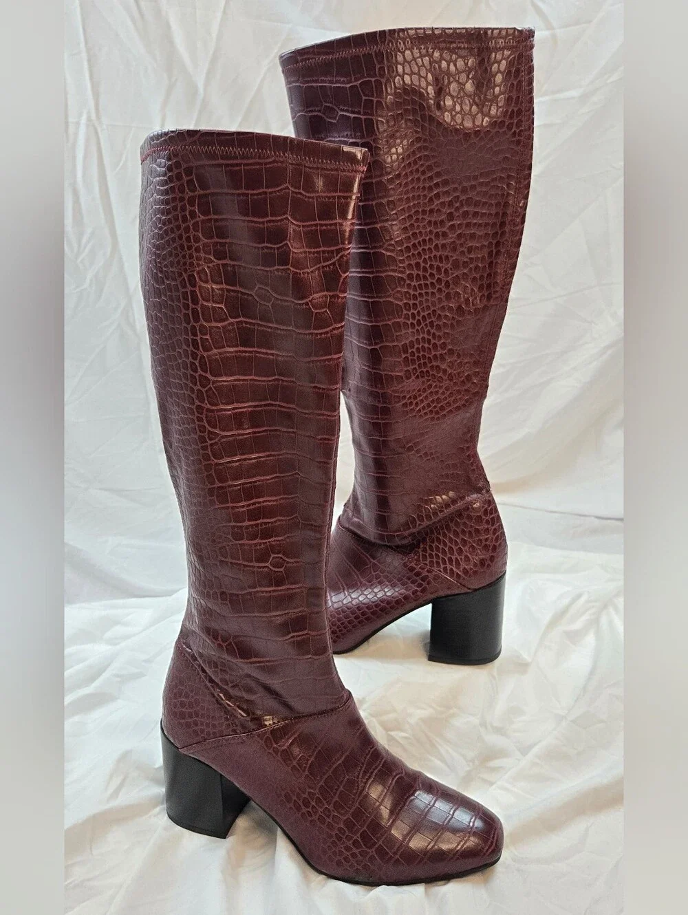 Franco Sarto Women's Knee High Boots Size 11 Burgundy Croc Embossed Block Heel